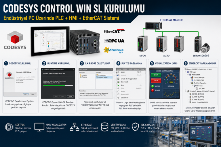 Endüstriyel panel PC için CODESYS PLC ve HMI kurulumu. EtherCAT, runtime ve visualization ayarları tek rehberde
